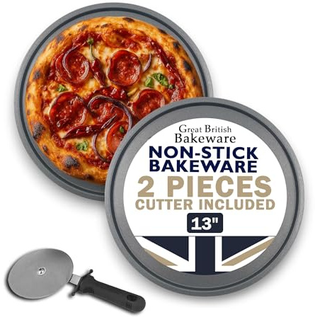 Great British Bakeware Pack of 2 Pizza Trays & Cutter Large 13 Inch (33cm) Non Stick Coating Oven Round Crisper, Pizza Baking Tray, Pizza Trays for Oven Non Stick Made in England