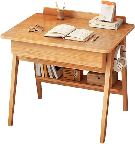 Generico Piccola scrivania in legno con cassettie Ripiani – scrivania per computer in ufficio,Tavolo da Scrittura Moderna Postazione di Lavoro per Pc con Ganci (Colore originale del legno, 80cm)