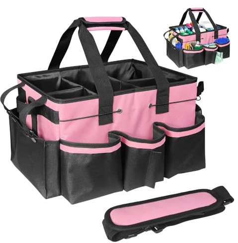 Nzkeuf Cleaning Caddy Organizer, Extra Large Cleaning Tote Bag with Handle, Multi-Compartment with Detachable Divider, Carry-On Cleaning Supplies for Housekeeper, Car Detailing, Commercial Cleaning