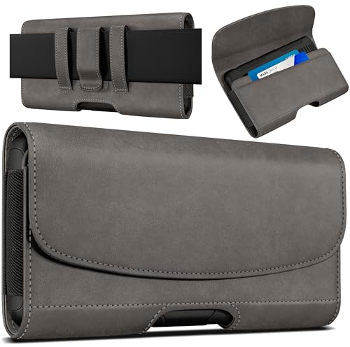 PiTau Holster for iPhone Pro Max Plus 17 16 15 14 13, Samsung Galaxy S25+ | Men's Cell Phone Case with Belt Clip ID Card Holder, Fits with Case Cover on, Pewter Large
