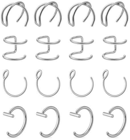 Psyqtsuary 16 Stück Fake Nasenpiercing, Edelstahl Fake Piercing 8mm Faux Lippenpiercing Ring Faux Nasen Piercings Gothic Septum Piercing für Männer Frauen (Silber)