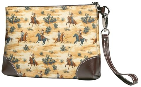 Small Clutch Purses for Women - Western Cowboy Cactus B Print Leather Fashion Wristlet Wallets with Wrist Strap