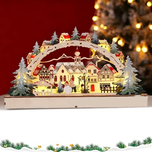Christmases Village With Lighting - Wooden Light Arch,Wooden Christmas Bridge Arch with Village Scene,LED Xmas,Battery Operated - Decoration for Table Centrepiece,xmas ornaments for indoors-1set