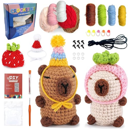 YushengTai Kit de ganchillo para principiantes Capybara – Juego completo con hilo, aguja de ganchillo e instrucciones en vídeo – Animal Crochet paso a paso – Ideal para adultos y niños – Incluye vídeo