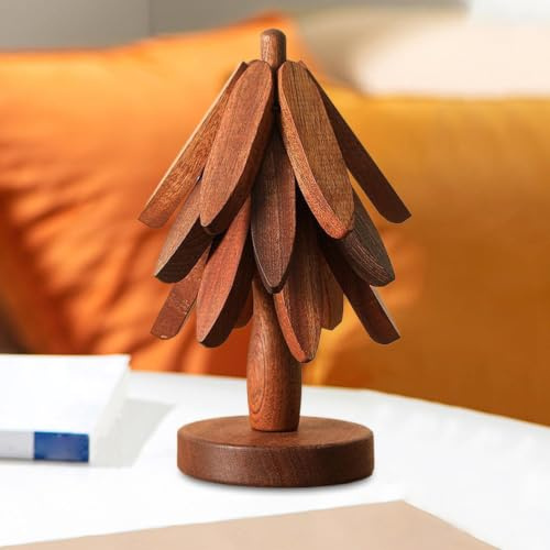 Arbre Dessous De Plat Bois, 10x10x22cm, sous Plat De Table Imperméable, 4 Dessous De Plats 1 Support, pour Casseroles, Poêles, Bols, Théières, Plats, Chauds