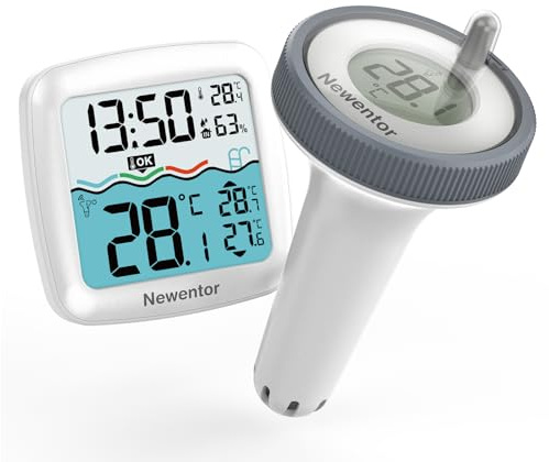 Newentor PoolThermometer Schwimmend - Funk Wasserthermometer -Aufgerüstete IPX8 Wasserdicht - Verbesserter Antennen - Turbo für 100m Reichweite durch Wände - Weiß mit Basisstation