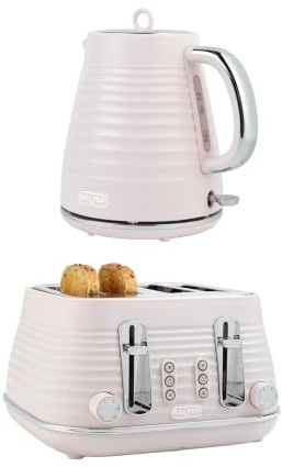 Salter Ripple Pink Toaster & Kettle Set – 4-Slice 1630W Toaster, 6 Browning Levels, Defrost/Reheat/Cancel, 1.7L Rapid Boil Kettle with Removable Limescale Filter, Auto Shut-Off, Textured Design | 6 Browning Levels, Defrost/Reheat/Cancel Buttons, Self Centring Guide, Rapid Boil, Removable Limescale Filter, Auto Shut Off