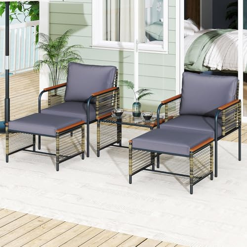 FANTASK Rattan Gartenmöbel Set für 2 Personen, Terrassenmöbel Set inkl. 2 Stühle mit Kissen, Hocker & Tisch, Gartengarnitur, Gartenlounge für Garten, Balkon, Terrasse (Grau)