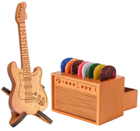 Gitarrenpickhalter-Box mit Schublade, Holz-Amp-Pickhalter mit 5 Gitarrenpicks, Gitarrenpickbox für Gitarre, Bass, Ukulele