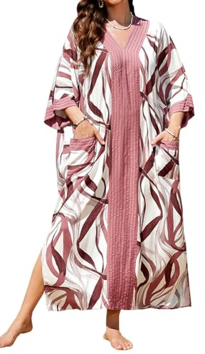 Orshoy Womens Beach Kaftan Cover Ups Maxi Caftan Dresses Kimono Tunic Bathing Suit Loungewear Swimsuit with Pockets