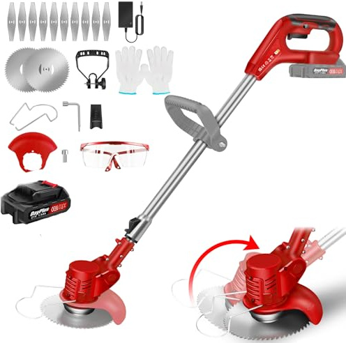 Desbrozadora con baterías, cortadora de bordes de césped roja, cortadora de césped eléctrica, desbrozadora con batería, desbrozadora eléctrica para jardín con cabezal giratorio, mango telescópico para