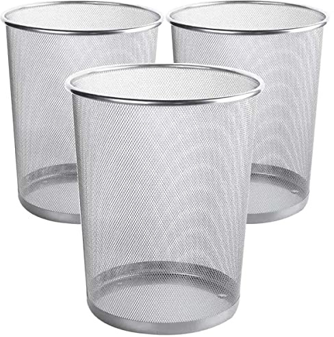 livexa 3 Pack Metal Mesh Waste Paper Bin 12 Litres Lightweight Mesh Wastebasket Waste Bin Silver Metal Rubbish Bin for Bedroom, Office, Bathroom, Kitchen (3x Silver)