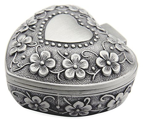 AVESON Classic Vintage Antique Heart Shape Jewelry Box Ring Small Trinket Jewellery Storage Organiser Chest Gift for Girls Ladies, Silver