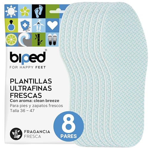 biped FRESH! 8 Paar Frischesohlen clean breeze - Einlegesohlen mit frischem Duft - Extra dünn, auch für enge Schuhe und zum barfuß Tragen geeignet - Schuheinlagen gegen Fußgeruch z1019(44-45)