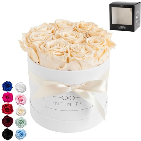 Infinity Flowerbox - Echte Infinity Rosen die 1-3 Jahre halten ohne Wasser | Das perfekte Geschenk in edler Rosenbox | Medium Beige mit weißer Box