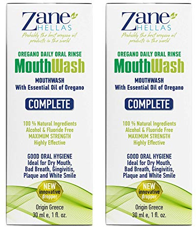 Zane Hellas Collutorio (MouthWash). Risciacquo orale con olio di origano. Ideale per gengiviti, placca, bocca secca e alito cattivo.Senza alcool e fluoro.Soluzione a base di erbe al 100%.2 fl.oz.-60ml