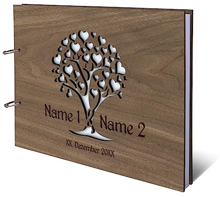 Kartenmachen.de Personalisiertes Hochzeit Gästebuch echtes Holz DIN A4 Hochzeitsbuch mit Lasergravur - Herzbaum - mit 72 Blatt / 144 Seiten Naturpapier Weiß