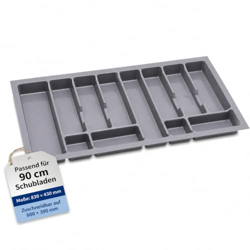 Alusfera Besteckkasten für Schubladen 90 cm – Schubladen Organizer mit Fächeraufteilung – Hochwertiger Schubladen Organizer Küche für Mehr Ordnung – Anpassbar und leicht zu reinigen - 830x430mm Silber
