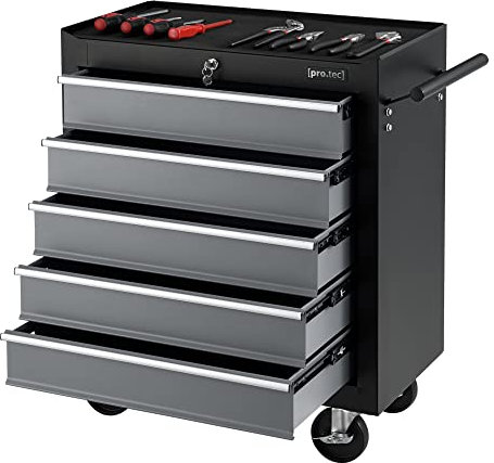 pro.tec Werkstattwagen mit 5 Schubladen abschließbar Werkzeugwagen mit 4 Rollen Rollwagen Stahl Schwarz