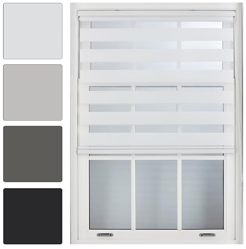 FURNISHED Day and Night Roller Blinds - Zebra Blind Dim or Translucent Vision Roller Shades for Windows and Doors - Dual Layer Fabric, White, 85W x 210H cm