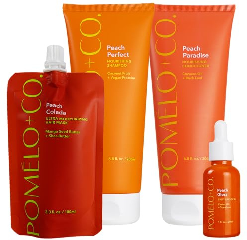 Pomélo+Co. Peach Routine Set - Haarmaske Shampoo Conditioner und Gloss | Feuchtigkeitsspendende Haarkur zur Splissversiegelung - veganes Haarpflege Paket für trockenes und geschädigtes Haar