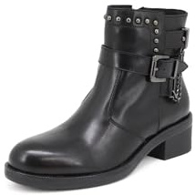 QUEEN HELENA Stivaletti di Pelle con Tacco Stivali Bassi con Fibbia Casual Donna S269 (Nero, numeric_38)