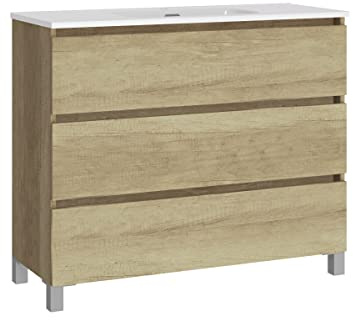 Baikal, Conjunto de baño Natura. Mueble de Baño de Fondo Reducido, con Lavabo cerámico. Distribución Tres Cajones. Mueble MONTADO. Tres Cajones sin Espejo. Fondo 39cm 100 cm Nature