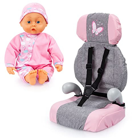 Bayer Design 67533AB Puppenautositz mit Puppe, weicher Körper, 38 cm, Jeans-grau, rosa