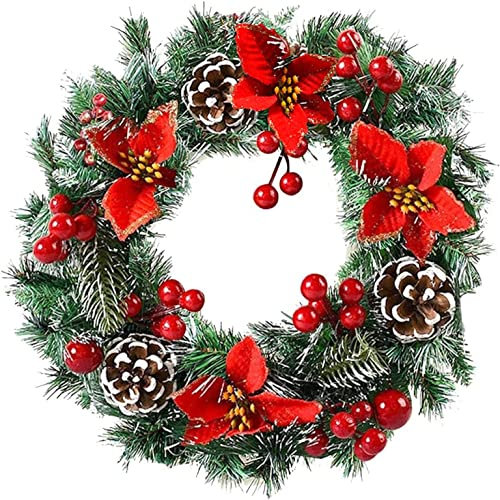 16 Inch Christmas Wreath, Outdoor Christmas Wreath with LED Lights 4 Red Artificial Poinsettia Flowers Ball Ornaments Pine Cones Berries for Door Wall Window Fireplace Home Decorations