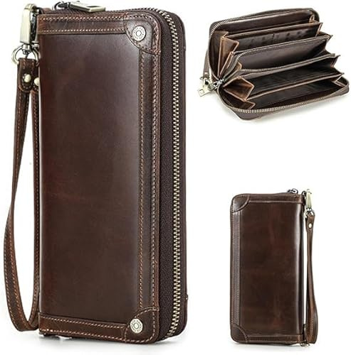 CONTACTS Portefeuille en cuir véritable avec double fermeture éclair autour des hommes avec 4 couches intermédiaires vintage long avec bracelet, marron, Taille unique