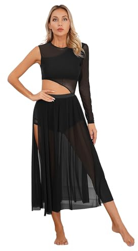 Agoky Damen Latein Tanzkleider Mesh Spleiß Ballettanzug Cut-Outs Ballett Trikot mit Langem Ballettrock Seitenschlitz Modern Walzer Kleider