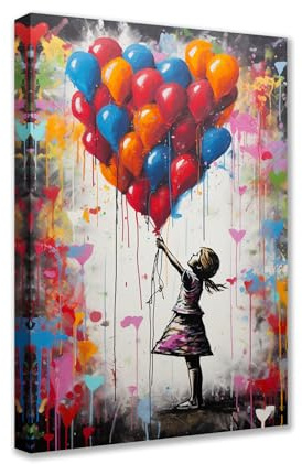 Tucocoo Großes modernes Kunstwerk für die Wand, bunte Ballonbilder, Banksy kleines Mädchen, Gemälde, 1 Paneel, Leinwand, Street-Pop-Art, Heimdekoration, Giclée, Holzrahmen, galeriegewickelt, fertig