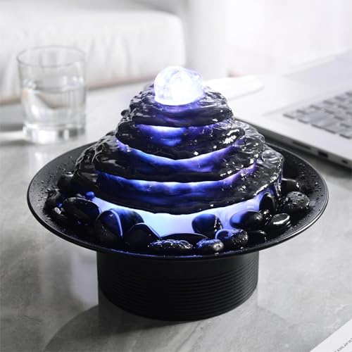 Tolevoit Home Décor Stone Flake Waterfall Tabletop Fountain 4-Layer Black Cobblestone Colorful RGB Light Glass Rotating Ball Water Sound Gift(23146)