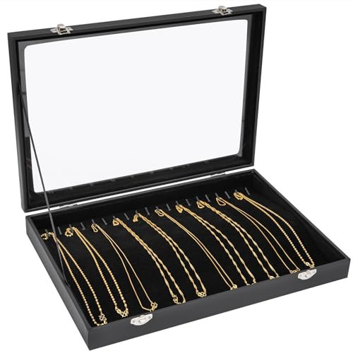 Polmart Halsketten-Organizer-Box mit transparentem Deckel, Samttablett für Schmuckaufbewahrung, Vitrine, Halsketten-Aufbewahrungsbox, Schmucktablett für Halsketten oder Armbänder, schwarzer Samt