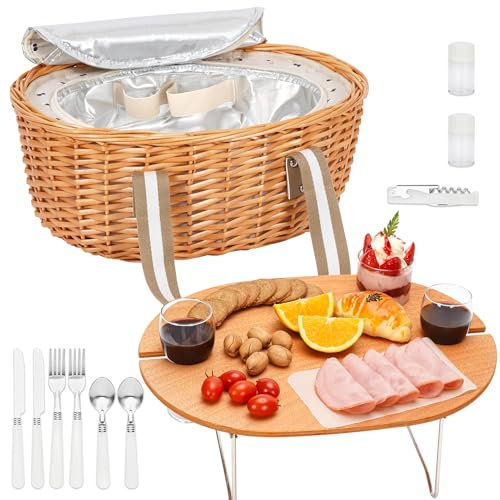 STBoo Picknickkorb für 2 Personen – Weiden-Picknick-Set mit Weintisch | Geschenkkorb-Set mit isolierter Kühltasche für Camping, Outdoor, Weihnachten, Party (Beige)