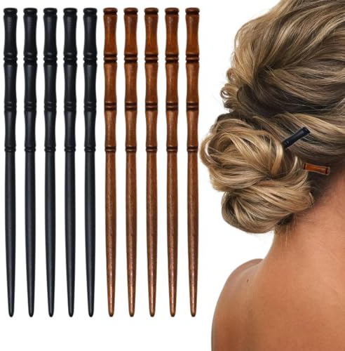 10 Palillos de Madera para el Cabello, Palillos para el Cabello en Forma de Bambú, Palillos para el Cabello para Mujeres, Horquilla de Madera, Palillos para Moño para el Cabello