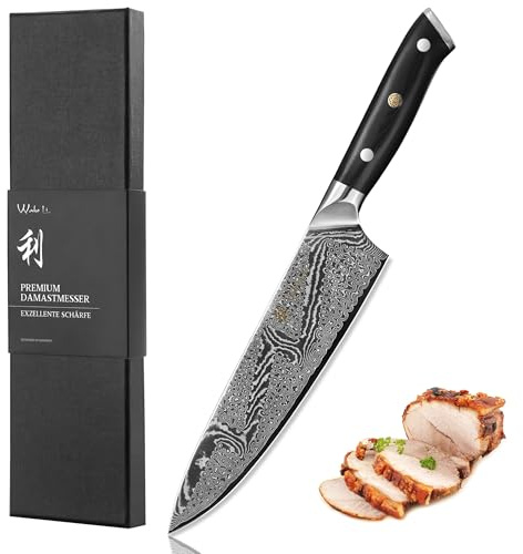Wakoli Nitoko Chefmesser 20 cm, 67 Lagen Damaststahl, VG10 Kern, Full Tang | G10-Griff, beidseitiger 15° V-Schliff, 60 ± 2 HRC, für Rechts- und Linkshänder, zum Wiegen und Portionieren, in Geschenkbox