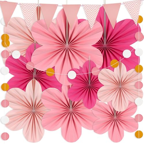 9 piezas Flores De Papel Decoracion, Flores De Papel Gigantes con 2 piezas Banderines Decorativos, Flores Papel con Piezas, Decoracion Fiesta para Evento, Boda, Cumpleaños, Baby Shower