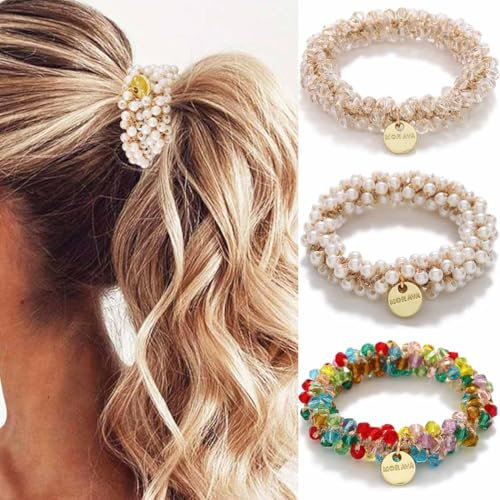 Reaky Haargummis mit Perlen Strass Pferdeschwanzhalter Haargummis elastisches Haarband Haar-Accessoires für Damen (C)