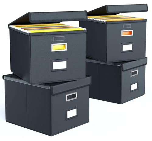 FINEW Leder Faltbare Aufbewahrungsbox mit Deckel, Hängemappen Hängeregister | Hängemappenbox für DIN A4 Hängeregister, Aufbewahrungsboxen für Büro/Dekor, Ablagebox Faltbox für Familien (Schwarz) 4 Pack
