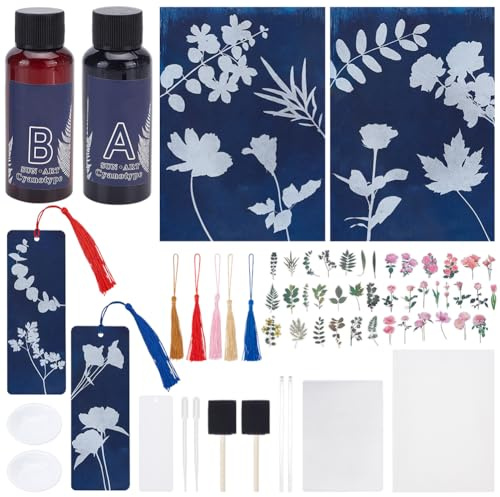 WEBEEDY Cyanotype Paper Leaves Sun Art Paper Kit Complete Nature Sun Printing Kit with Tassel Bookmarks, Solar Art Drawing Paper für Erwachsene Crafts DIY Sun High Sensitive Paper,30 Sheets,22x15.5cm