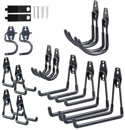 OrgMax 16 Pack Garage Hooks Heavy Duty, Utility Steel Garage Storage Hook with 2 Extension Cord Straps, Garage Wall Mount Hooks for Hanging Ladders, Bicycles, Garden Tools(Black)