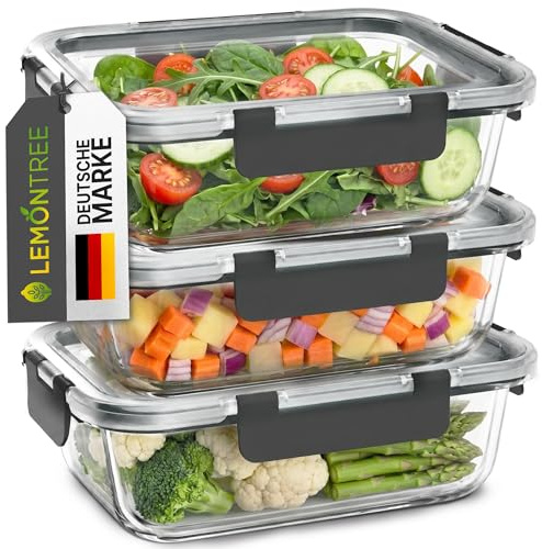 Lemontree Vorratsdosen mit Deckel Luftdicht - Meal Prep Boxen Glas - Mikrowellengeeignet, Spülmaschinenfest - Auslaufsicher, stapelbar - Aufbewahrungsbox Küche (Meal Prep Boxen 3er Set)