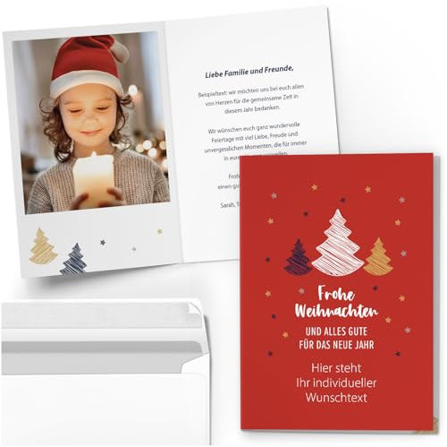 10 Personalisierte Weihnachtskarten mit Ihrem Text und Foto - Frohe Weihnachten rot - individueller Weihnachtsgruß Grußkarte Weihnachten Klappkarten mit Umschlägen