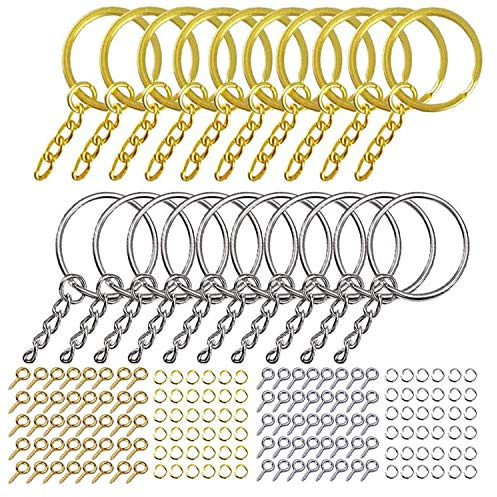 Yekavo Schlüsselring mit Kette, 220 Pcs 25mm DIY Schlüsselanhänger mit Zubehör für Schlüssel, Schlüsselanhänger mit Kette + Jump Rings + Screw Eye Pins, DIY Zubehör für Schlüssel und Schmuck