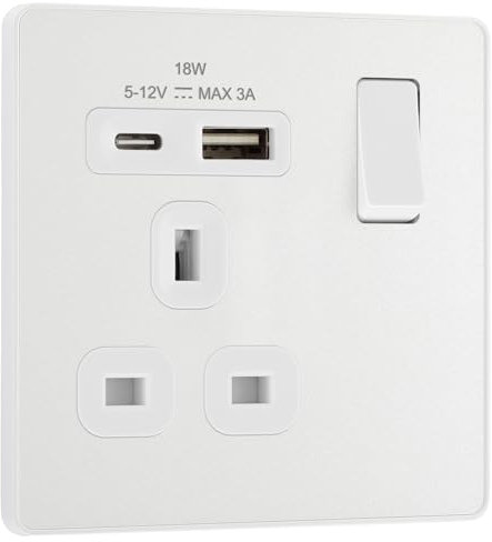BG Electrical 18W Single Switched Power Plug Wall Socket with Type A USB and Type C USB Charging Ports, Fast Charge, Screwless Front Plate, Evolve, Pearlescent White, 13A, PCDCL21UAC18W