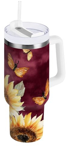 FRODOTGV Vaso aislado al vacío con tapa y pajita, diseño de girasol tropical, color borgoña, botella de agua de 30 onzas con correa, taza de boca ancha para agua, té helado o café