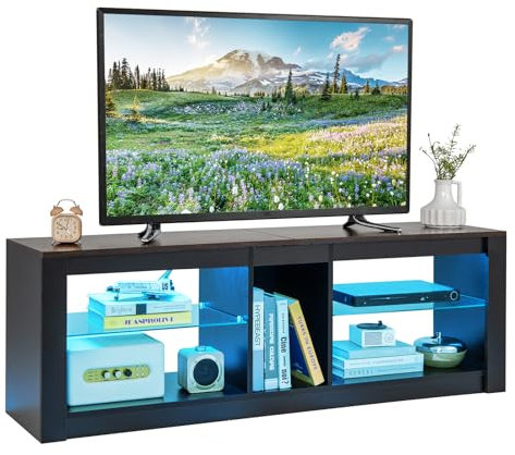 GYMAX Supporto TV da 65'', LED Multimodale, Centro di Intrattenimento Gaming con Ripiani in Vetro Temperato Regolabili, Tavolo Console Media Moderno per Soggiorno e Camera da Letto, industriale