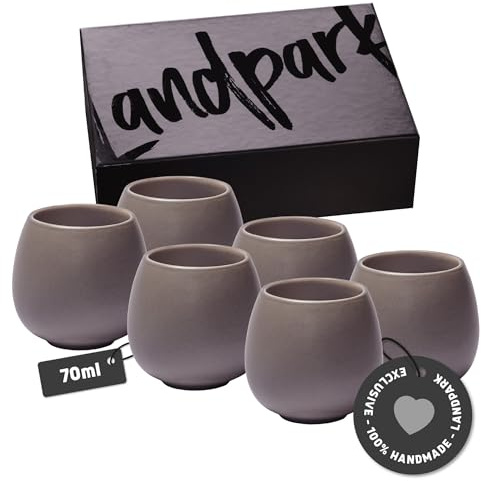 Landpark Espressotassen Set Grau (6 x 70ml) - Aus hochwertiger Keramik handgefertigt - Doppelwandige Espresso-Tasse ohne Henkel