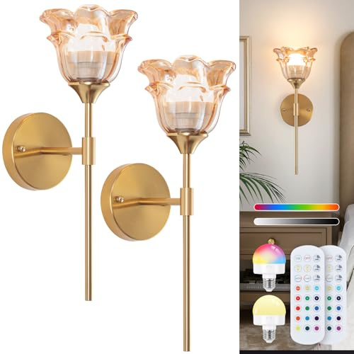 Vloitgol Vintage Battery Operated Wall Lights with Amber Glass Lampshade Wireless Rechargeable Battery Powered RGB Wall Light with Remote Control for Indoor Bedside Bedroom Hallway LivingRoom, 2 Pack